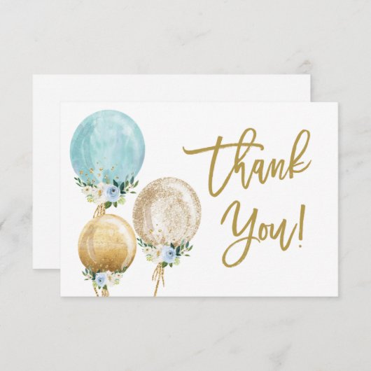青と金ゴールドの風船の赤ちゃん感謝していシャワー ノートカード (正面/裏面)