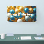 青と金ゴールドの風船 | パーソナライズされた誕生日 横断幕 (トレードショー)