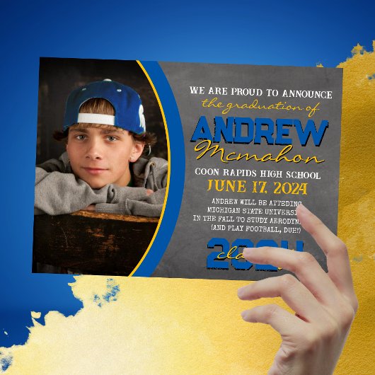 青と金ゴールドの黒板の卒業発表 招待状