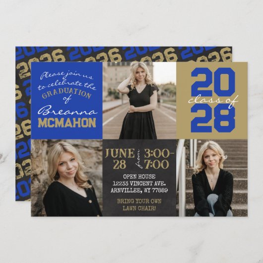 青と金ゴールドのChalkboard 3写真卒業 招待状 (正面/裏面)