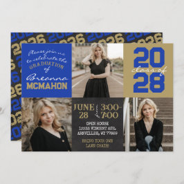 青と金ゴールドのChalkboard 3写真卒業 招待状