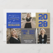 青と金ゴールドのChalkboard 3写真卒業 招待状 (正面)