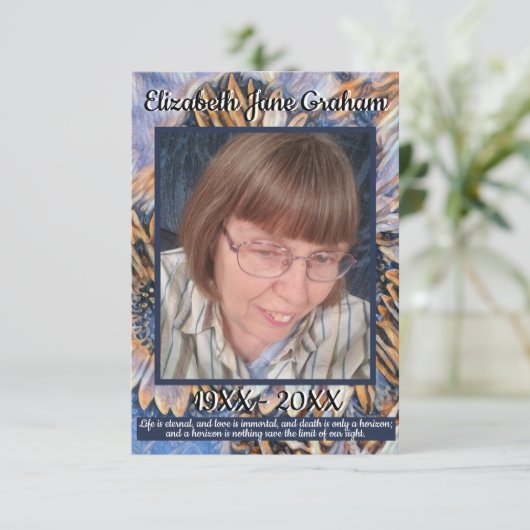 青と金ゴールドひまわりアートと引用文 サンキューカード (スタンド正面)