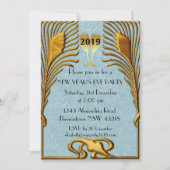 青と金ゴールドアールデコ大晦日 招待状 (正面)