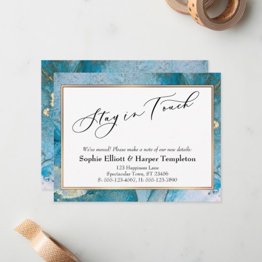 青と金ゴールドインクエレガントの新しいアドレスの発表 ノートカード (正面/裏面インサイチュ)