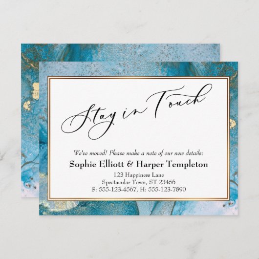 青と金ゴールドインクエレガントの新しいアドレスの発表 ノートカード (正面/裏面)