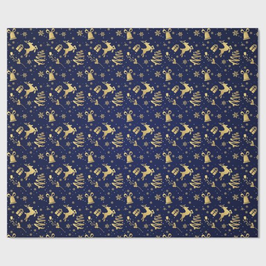 青と金ゴールドエレガントのクリスマスパターン贈り物 ラッピングペーパー (フラット)