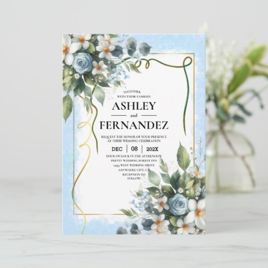 青と金ゴールドエレガントの素朴フローラ 招待状 (スタンド正面)