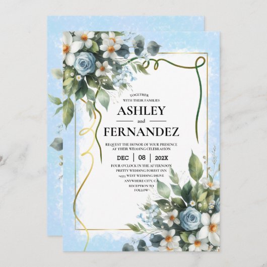 青と金ゴールドエレガントの素朴フローラ 招待状 (正面/裏面)
