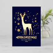 青と金ゴールドエレガントトナカイのメリークリスマス 箔シーズンカード (立ち正面)