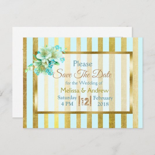 青と金ゴールドエレガントフローラ日付はがきを保存 案内ポストカード (正面/裏面)