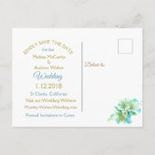 青と金ゴールドエレガントフローラ日付はがきを保存 案内ポストカード (裏面)