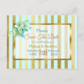 青と金ゴールドエレガントフローラ日付はがきを保存 案内ポストカード (正面)