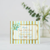 青と金ゴールドエレガントフローラ日付はがきを保存 案内ポストカード (スタンド正面)