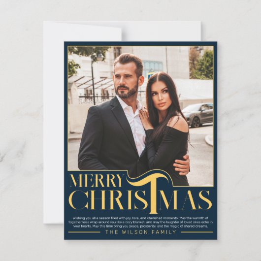 青と金ゴールドエレガントメリークリスマス家族の写真 シーズンカード (正面)