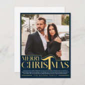 青と金ゴールドエレガントメリークリスマス家族の写真 シーズンカード (正面/裏面)