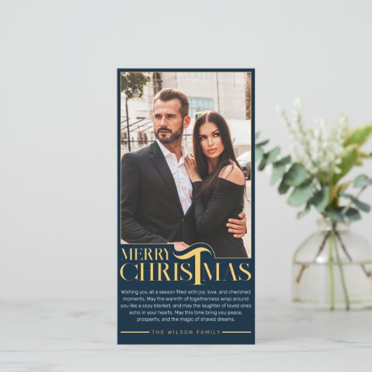 青と金ゴールドエレガントメリークリスマス家族の写真 シーズンカード (スタンド正面)
