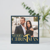 青と金ゴールドエレガントメリークリスマス家族の写真 シーズンカード (スタンド正面)