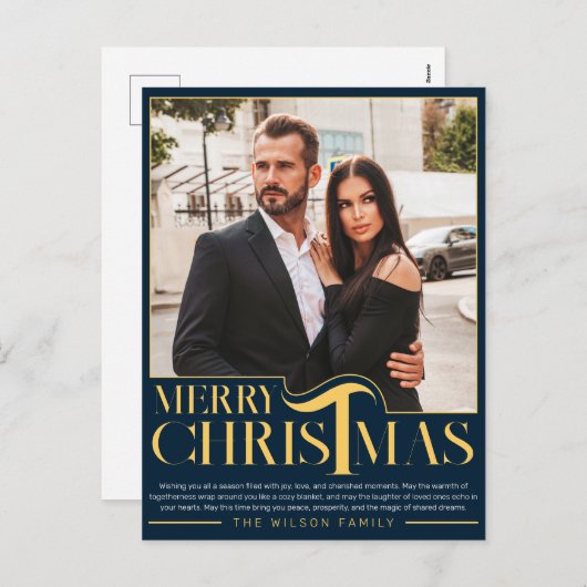 青と金ゴールドエレガントメリークリスマス家族の写真 シーズンポストカード (正面/裏面)