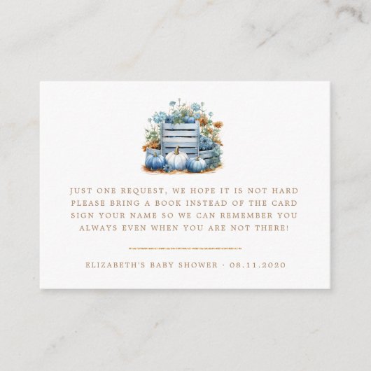 青と金ゴールドカボチャ秋の赤ちゃんシャワー エンクロージャーカード (正面)