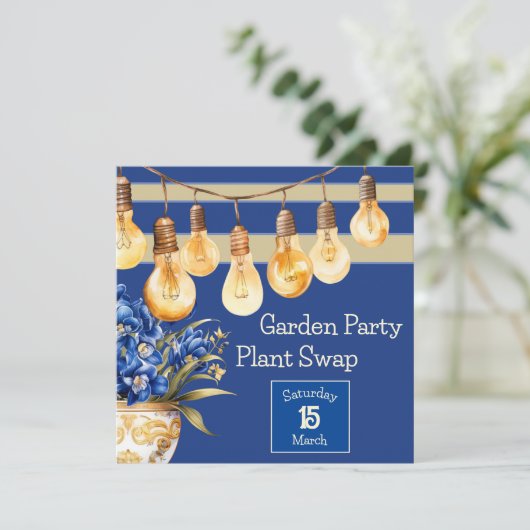青と金ゴールドガーデンのパーティーと植物のスワップ 招待状 (スタンド正面)