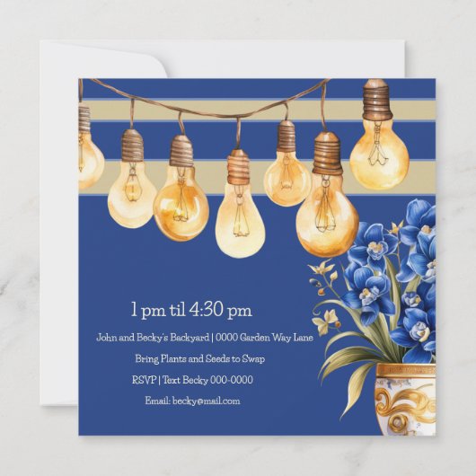 青と金ゴールドガーデンのパーティーと植物のスワップ 招待状 (裏面)