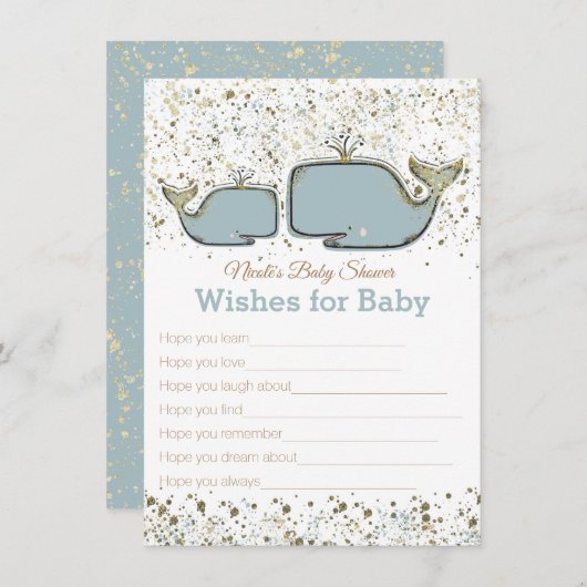 青と金ゴールドクジラが赤ちゃんのシャワーゲームを希望 招待状 (正面/裏面)