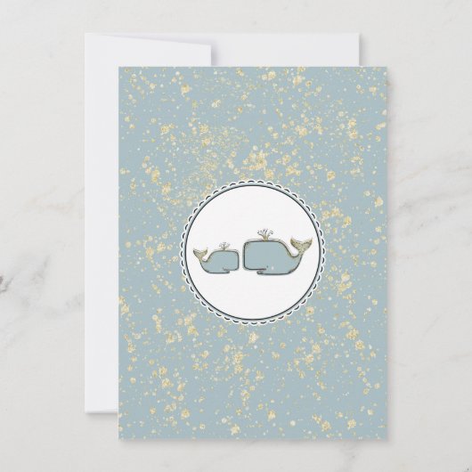 青と金ゴールドクジラが赤ちゃんのシャワーゲームを希望 招待状 (裏面)