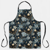青と金ゴールドクリスマスオーナメントポインセティアス エプロン (正面)