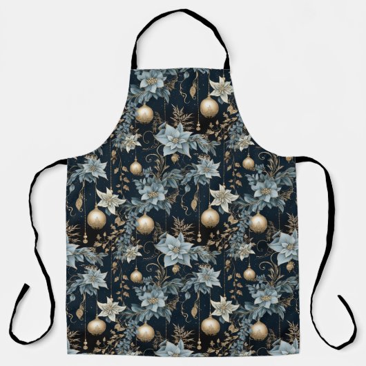 青と金ゴールドクリスマスオーナメントポインセティアス エプロン (正面)