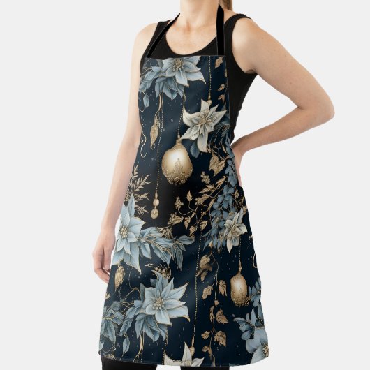 青と金ゴールドクリスマスオーナメントポインセティアス エプロン (インサイチュ)