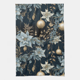 青と金ゴールドクリスマスオーナメントポインセティアス キッチンタオル