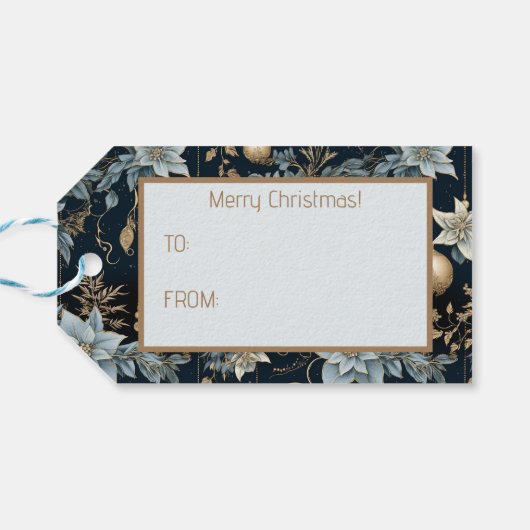 青と金ゴールドクリスマスオーナメントポインセティアス ギフトタグ (裏面横)