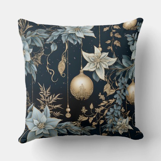 青と金ゴールドクリスマスオーナメントポインセティアス クッション (裏面)