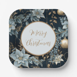 青と金ゴールドクリスマスオーナメントポインセティアス ペーパープレート