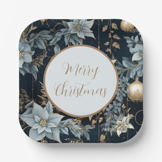 青と金ゴールドクリスマスオーナメントポインセティアス ペーパープレート (正面)