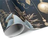 青と金ゴールドクリスマスオーナメントポインセティアス ラッピングペーパー (ロールコーナー)