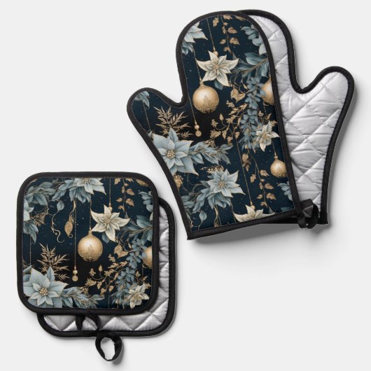 青と金ゴールドクリスマスオーナメントポインセティアス 鍋つかみ&鍋敷きセット (正面/裏面)