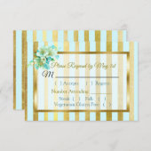 青と金ゴールドストライプのフローラ結婚式RSVPカード 出欠カード (正面/裏面)