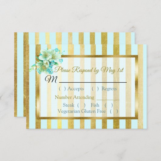 青と金ゴールドストライプのフローラ結婚式RSVPカード 出欠カード (正面/裏面)