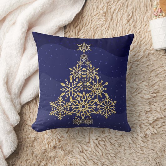 青と金ゴールドスノーフレークの木のクリスマスピロー クッション (ブランケット)