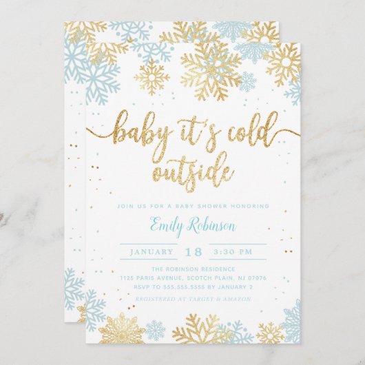青と金ゴールドスノーフレーク冬の少年の赤ちゃんシャワー 招待状 (正面/裏面)
