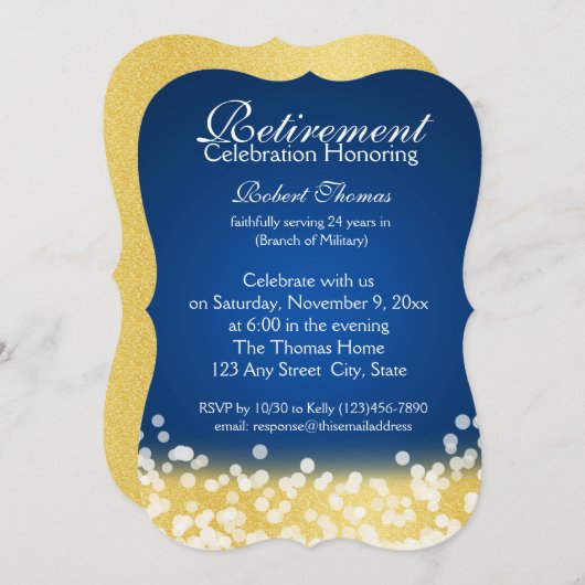 青と金ゴールドスパークルライト退職パーティー 招待状 (正面/裏面)