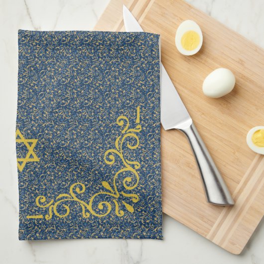 青と金ゴールドトーンバロックの花柄な手洗い キッチンタオル (四つ折り)