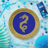 青と金ゴールドドラゴンパターン ペーパープレート (パーティー)