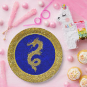 青と金ゴールドドラゴンパターン ペーパープレート (パーティー)