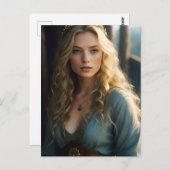 青と金ゴールドドレスの美しいブロンドのカール女性 ポストカード (正面/裏面)