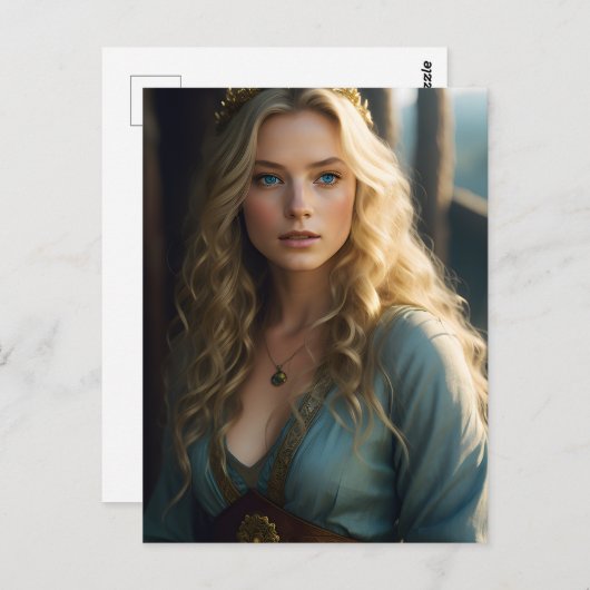 青と金ゴールドドレスの美しいブロンドのカール女性 ポストカード (正面/裏面)