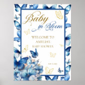 青と金ゴールドバタフライベビーで開花ベビーシャワー ポスター (正面)