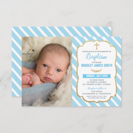 青と金ゴールドバプテスマ男の赤ちゃん写真招待状 案内状 (正面/裏面)